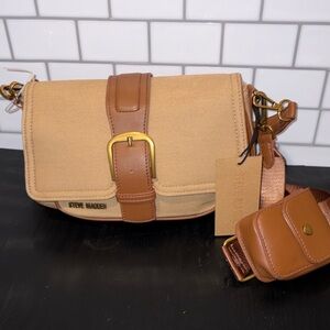 Steve Madden Beige Canvas and Tan Leather Crossbody with Gold Hardware